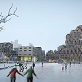 Modern Geometric Office Building In Snowy Winter Landscape With Bare Trees