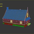 Small Traditional Wooden Cottage With Blue Roof Windows And Chimney