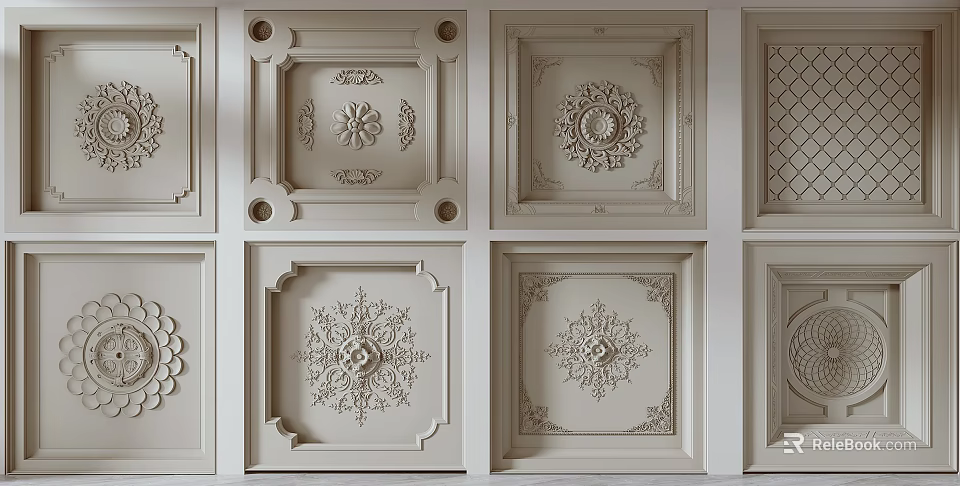 Decorative Ceiling Panels With Various Ornate Carved Patterns And Designs 3d model 