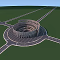 Round Amphitheater Structure With Radial Roads On Green Ground And Blue Sky