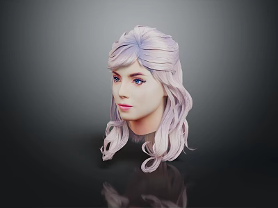 3D Female Character With Light Purple Long Curly Hair Blue Eyes On Dark Background 3d model