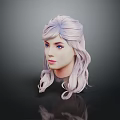 3D Female Character With Light Purple Long Curly Hair Blue Eyes On Dark Background