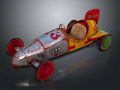 Vintage Rocket Toy Race Car With Silver Yellow Red Body And Green Wheels 3d model