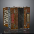 Vintage Wooden Accordion With Red Accents Metal Keys And Decorative Details