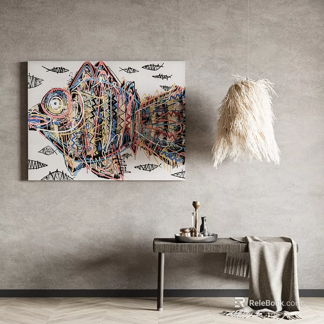Abstract Fish Painting On Wall With Feather Pendant Light And Table Decor 3d model