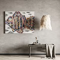 Abstract Fish Painting On Wall With Feather Pendant Light And Table Decor 3d model