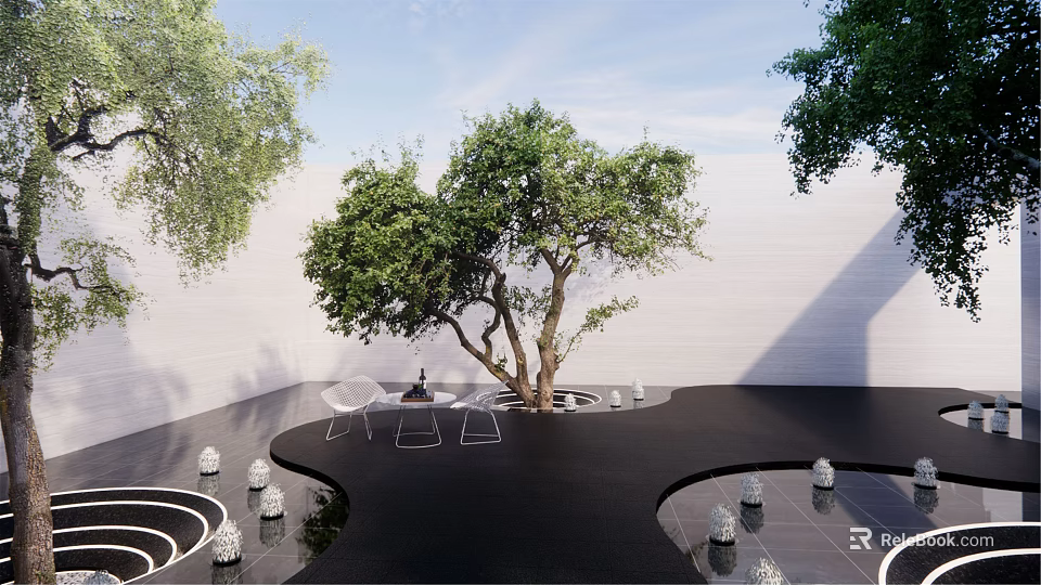 Commercial Landscape Design Featuring Trees White Chairs Circular Water Features And Black Modern Flooring 3d model 