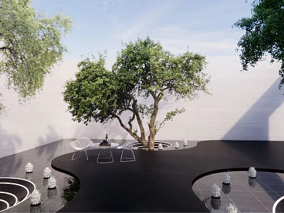 Commercial Landscape Design Featuring Trees White Chairs Circular Water Features And Black Modern Flooring 3d model