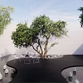 Commercial Landscape Design Featuring Trees White Chairs Circular Water Features And Black Modern Flooring