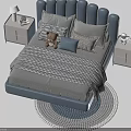 Children's Bed with Blue Upholstered Headboard Teddy Bear Plaid Blanket and Round Rug Bedside Tables