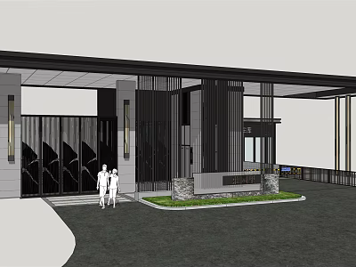 Modern Entrance Gate Design With Black Portico Decorative Elements And People 3d model