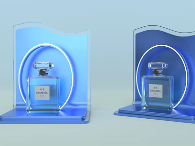 Chanel N°5 Perfume Two Bottles on Blue Wave Shaped Display Stands with Neon Light Effects 3d model