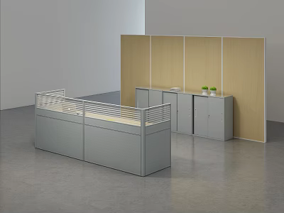 Modern Office Desk Cubicle With Partition Storage Cabinets And Green Plants 3d model