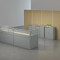Modern Office Desk Cubicle With Partition Storage Cabinets And Green Plants