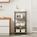 Iron Storage Rack In Modern Kitchen With Microwave Pots Fruits