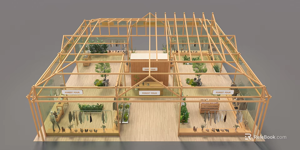 Shopping Mall Store Design With Glass Roof Wooden Frame Indoor Plants And Display Areas 3d model 