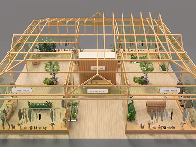 Shopping Mall Store Design With Glass Roof Wooden Frame Indoor Plants And Display Areas 3d model
