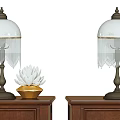 Wooden Nightstands With Drawers Table Lamp Fringed Lampshade Books Small Plant And Decorative Figurine