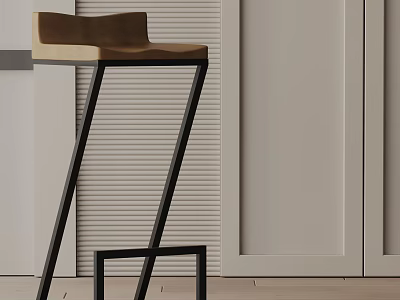 Modern Kitchen Bar Stool With Wooden Seat And Black Metal Frame 3d model