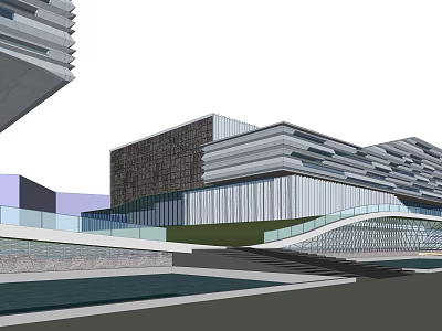 Modern Geometric Architecture with Glass Curtain Wall Multi Layer Structure Water Feature and Bridge Connection 3d model