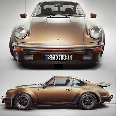 Classic Brown Porsche Sports Car With Front Face And Rear Spoiler Vintage Coupe 3d model