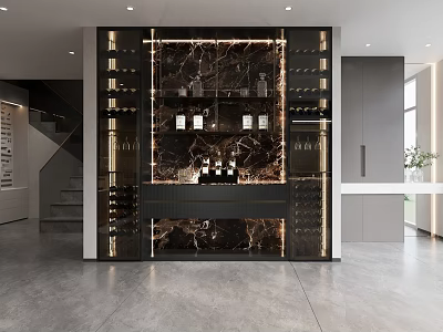 Elegant Modern Wine Cabinet Design With Marble Backdrop Lighting Wine Racks Bottles And Glasses 3d model