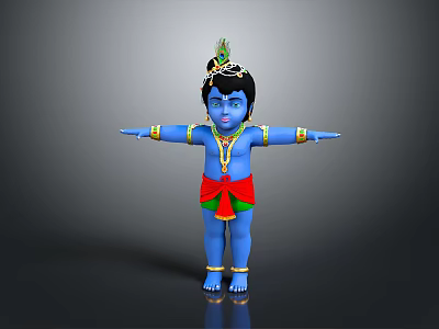 Blue Skinned Divine Character Wearing Red Green Dhoti With Decorative Headpiece And Outstretched Arms 3d model