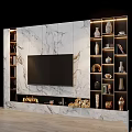 Marble TV Background Wall With Flat Screen TV Fireplace And Decorative Shelves 3d model