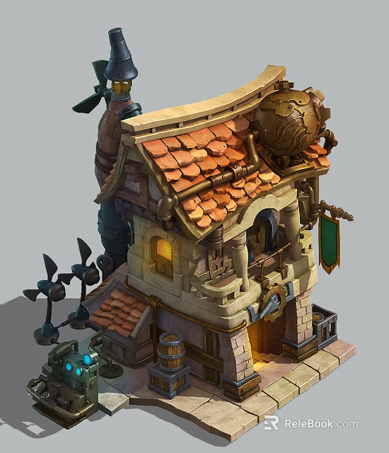 Cartoon Scene Of Whimsical Building With Red Tile Roof Glowing Windows And Decorative Pipes 3d model 