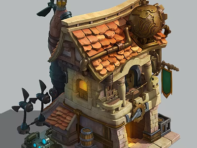 Cartoon Scene Of Whimsical Building With Red Tile Roof Glowing Windows And Decorative Pipes 3d model