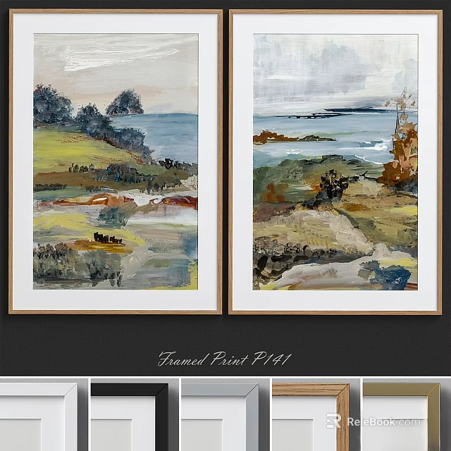 Vibrant Framed Print P141 Landscape Art With Seascape Grass And Trees 3d model 
