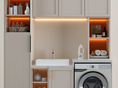 Modern Minimalist Bathroom Cabinet With LED Lighting Storage Shelves Sink And Washing Machine 3d model
