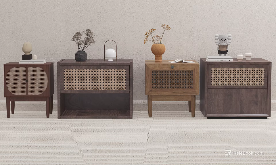 Modern Wooden Nightstands With Rattan Panels Dried Flowers Vase Decorative Items And Books 3d model 