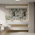 Modern Bathroom Design With Freestanding Bathtub Double Sinks Large Mirror Marble Accent Wall And Plants