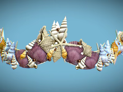 Unique Seashell Jewelry Design With Conchs Starfish And Purple Accents On Blue Background 3d model
