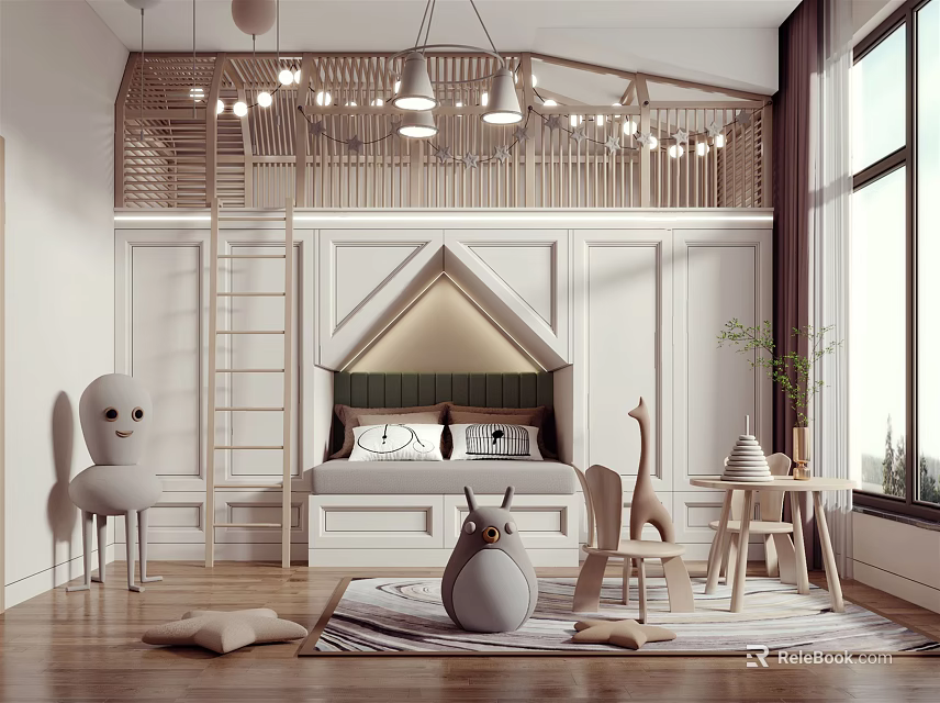 Cozy Kids Room Interior Design With Wooden Bunk Bed Animal Shaped Decor And Hanging Lights 3d model 