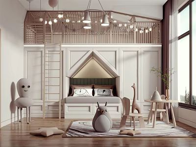 Cozy Kids Room Interior Design With Wooden Bunk Bed Animal Shaped Decor And Hanging Lights 3d model