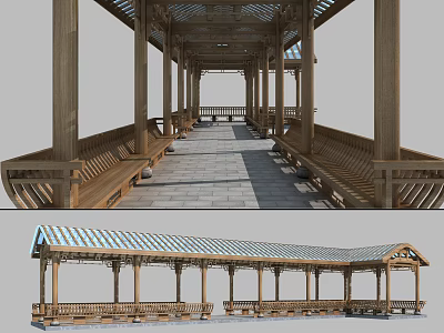 Traditional Garden Landscape With Wooden Corridor Columns Benches And Stone Pavement 3d model