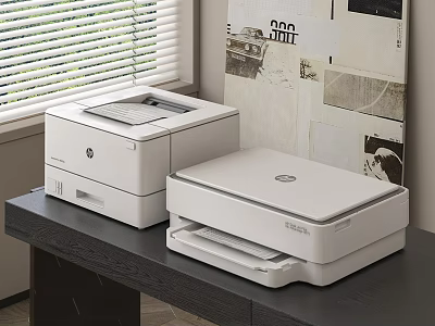 Two White Printers On Office Desk In Workspace 3d model
