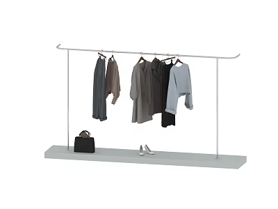 Stylish Hanging Clothes on Metal Rack with Black Bag and High Heels 3d model