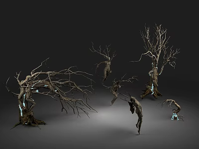 Artistic Tree Planter Design With Dry Branches Glowing Lights And Natural Roots 3d model