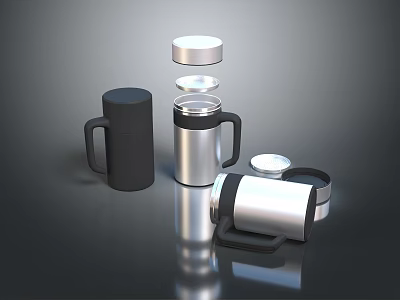 Modern Matte Black and Stainless Steel Mugs with Removable Lids on Reflective Surface 3d model