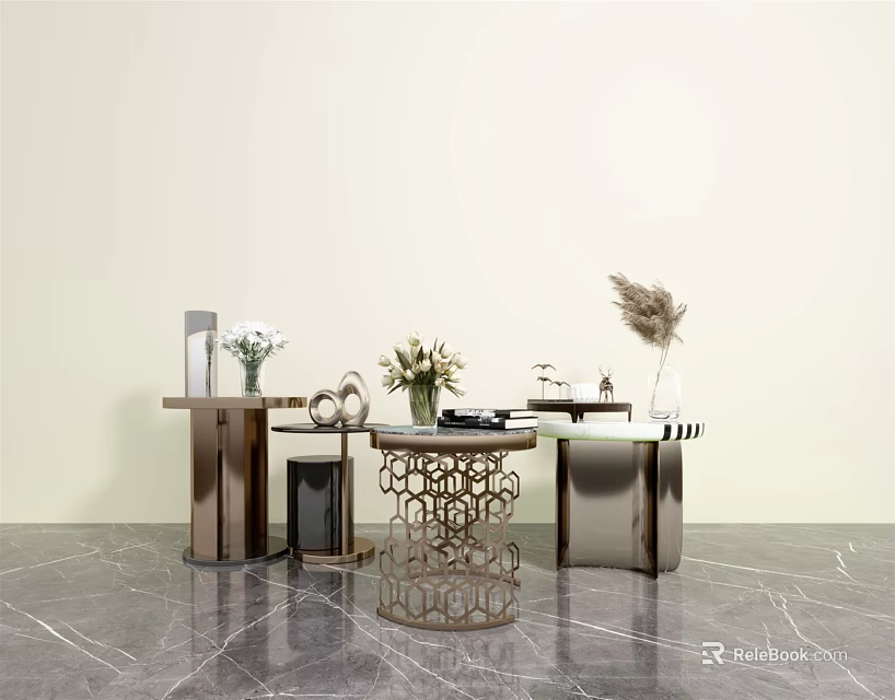 Modern Stylish Coffee Tables With Metal Frames And Decorative Vases On Marble Floor 3d model 