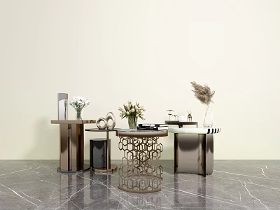 Modern Stylish Coffee Tables With Metal Frames And Decorative Vases On Marble Floor 3d model