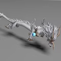 White Dragon With Flowing Scales Curved Horns And Blue Orb In Dynamic Flying Pose