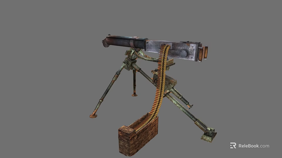 Vintage Heavy Machine Gun With Tripod Stand Long Barrel Ammunition Box And Belt 3d model 