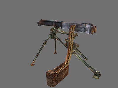 Vintage Heavy Machine Gun With Tripod Stand Long Barrel Ammunition Box And Belt 3d model