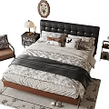 Modern Double Bed With Black Leather Headboard Pillows Patterned Bedspread And Accent Chair 3d model