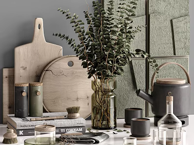 Rustic Decorative Ornament Combination With Wooden Cutting Boards Eucalyptus Plant Glass Vase Kettle And Books 3d model