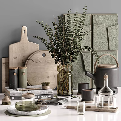 Rustic Decorative Ornament Combination With Wooden Cutting Boards Eucalyptus Plant Glass Vase Kettle And Books 3d model